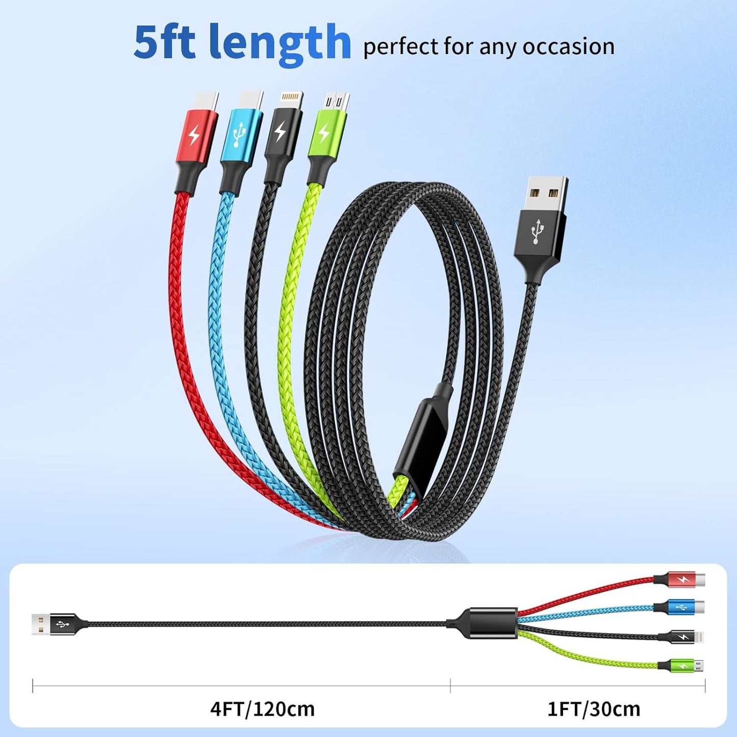 Cruise Essentials 2026 4 in 1 Multi Charging Cable [2Pack 5FT], Tangle Free USB C Car Charger Cable, Nylon Braided Charging Cords for Multiple Devices, Travel Essentials Car Accessories