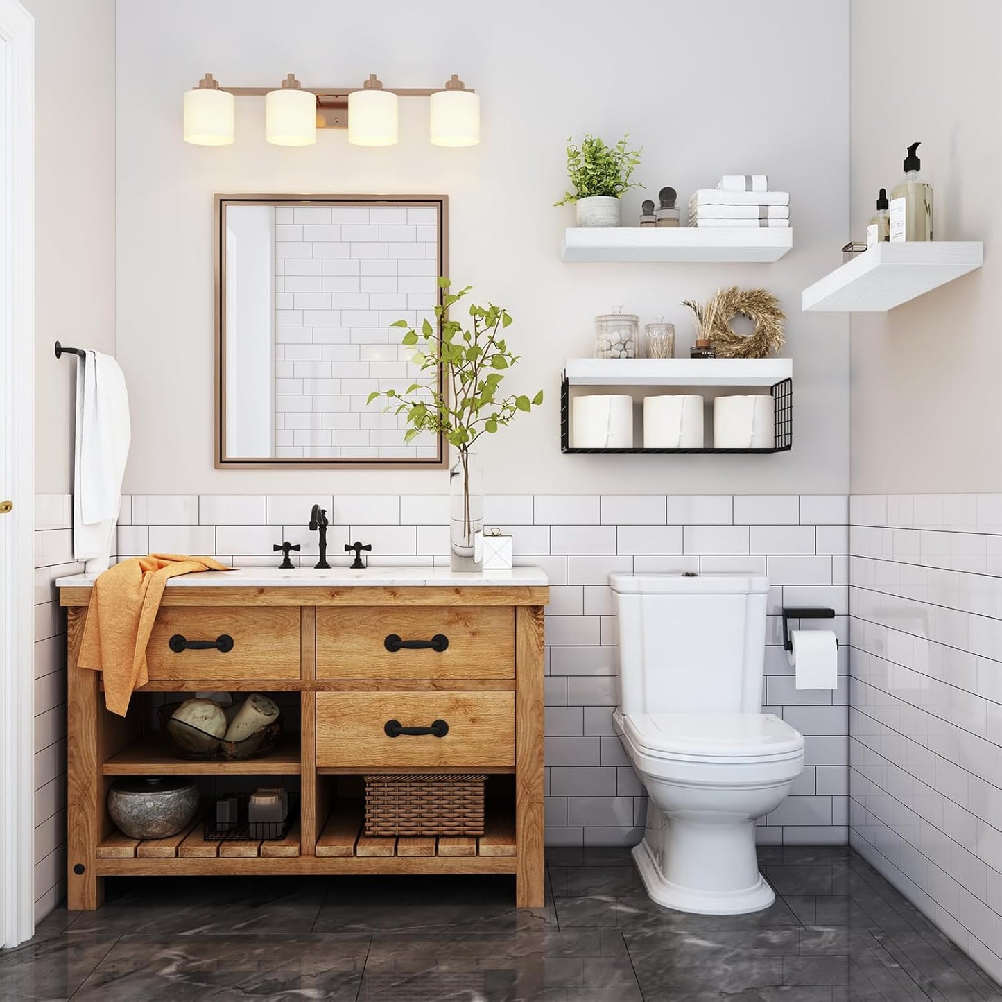 QEEIG Bathroom Shelves Over Toilet - Wall Mounted Floating Shelves Toilet Paper Storage Small Farmhouse Decor Shelf 16 inch Set of 3, White and Black (019-WB3)