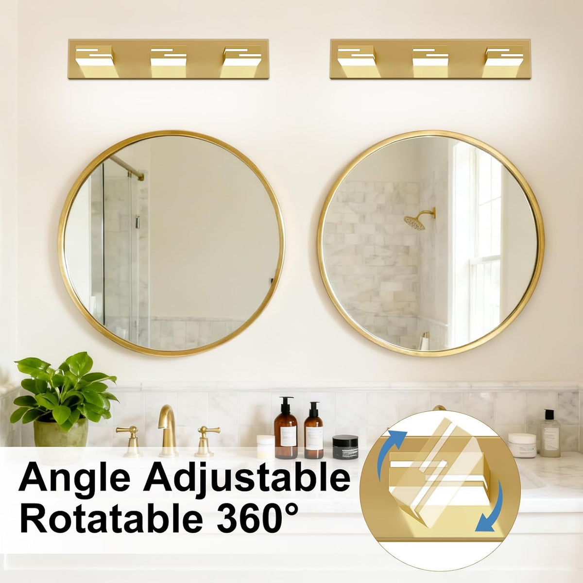 LED Modern Bathroom Vanity Light Fixtures, Dimmable Gold Vanity Lights for Bathroom Lighting Fixtures Over Mirror, with 360° Rotatable Heads 3-Light 22-inch (Cool White 6000K)