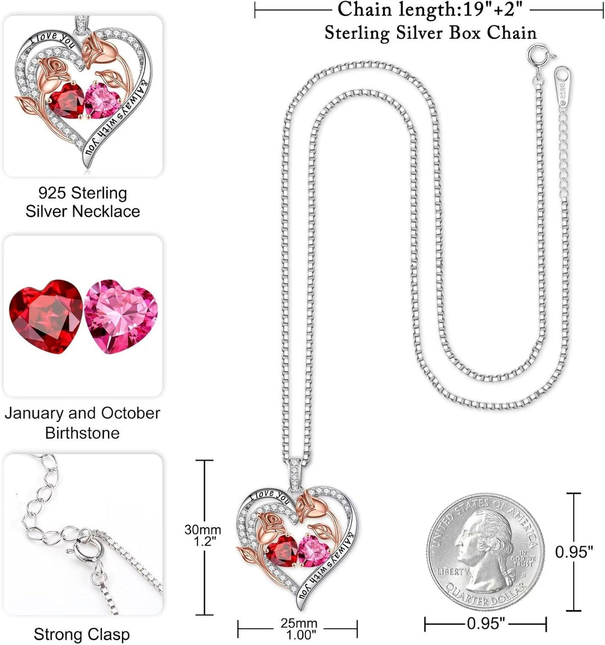 Iefil Birthstone Necklace for Women - Rose Heart Necklace