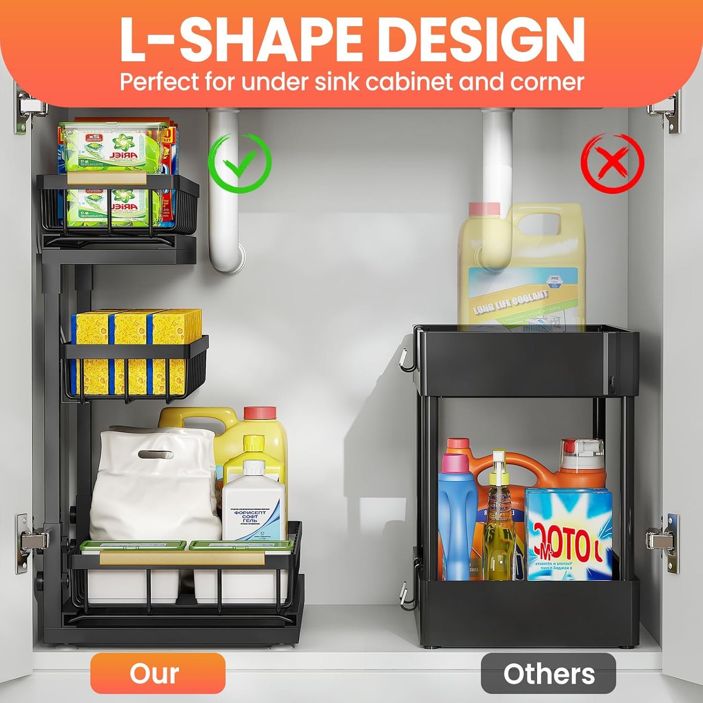 Under Sink Organizer and Storage for Bathroom and Kitchen - 2 Pack 3 Tier Under Cabinet Pull Out Shelf Organizers - Slide Out Drawer Organization for Home Cabinets Shelves and Drawers