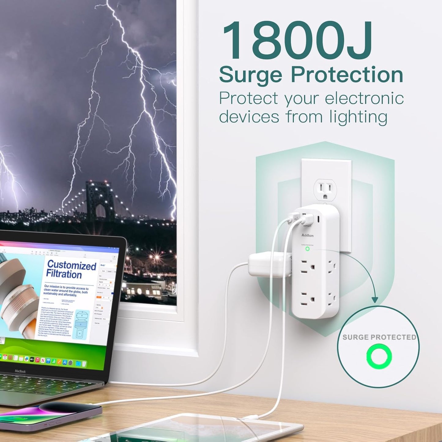 Surge Protector Wall Outlet Extender, Multi Plug Outlet with Rotating Plug, 6 AC Outlets 4 USB Ports (2 USB C), 1800J, 3-Side Power Strip Wall Mount, Outlet Splitter for College Dorm Travel Essentials