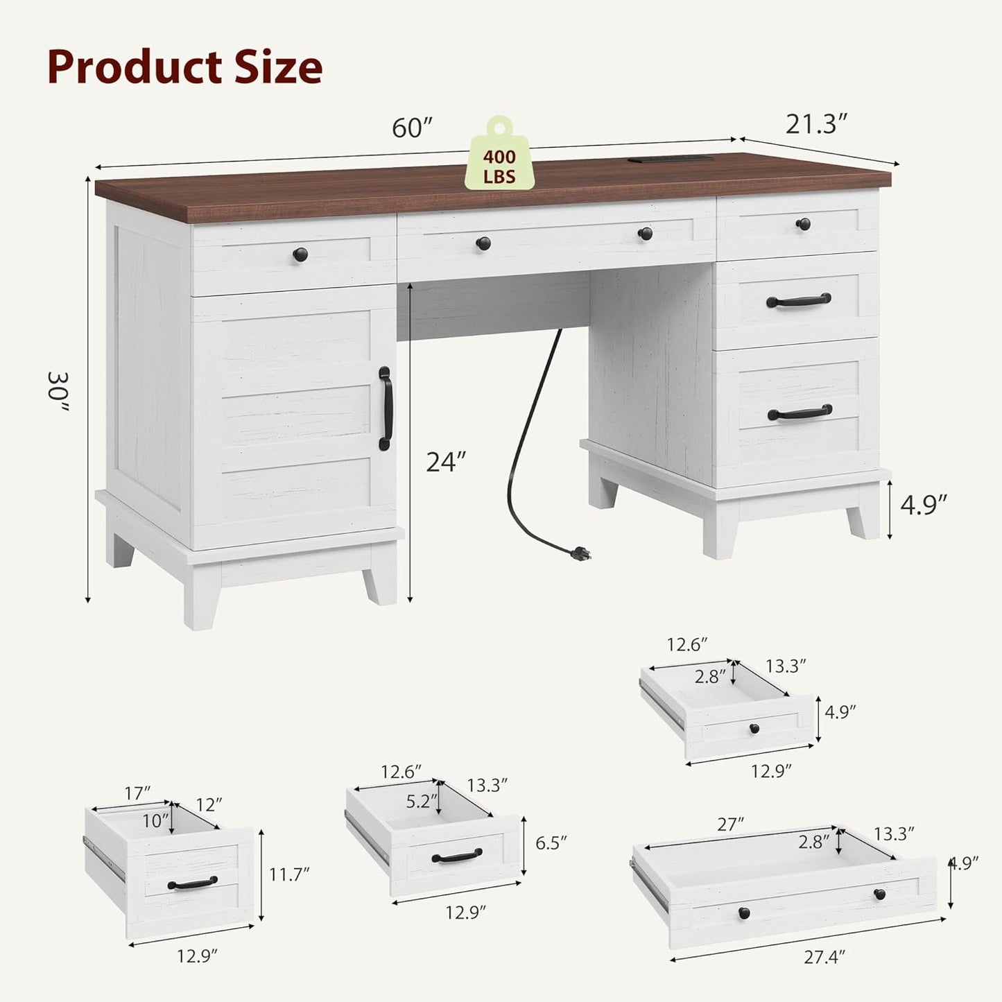 GarveeHome Executive Desk with File Drawers, Farmhouse Home Office Desk with Charging Station, 60 in Wooden Computer Desk with Cabinet Storage for Work Study Writing, White Walunt