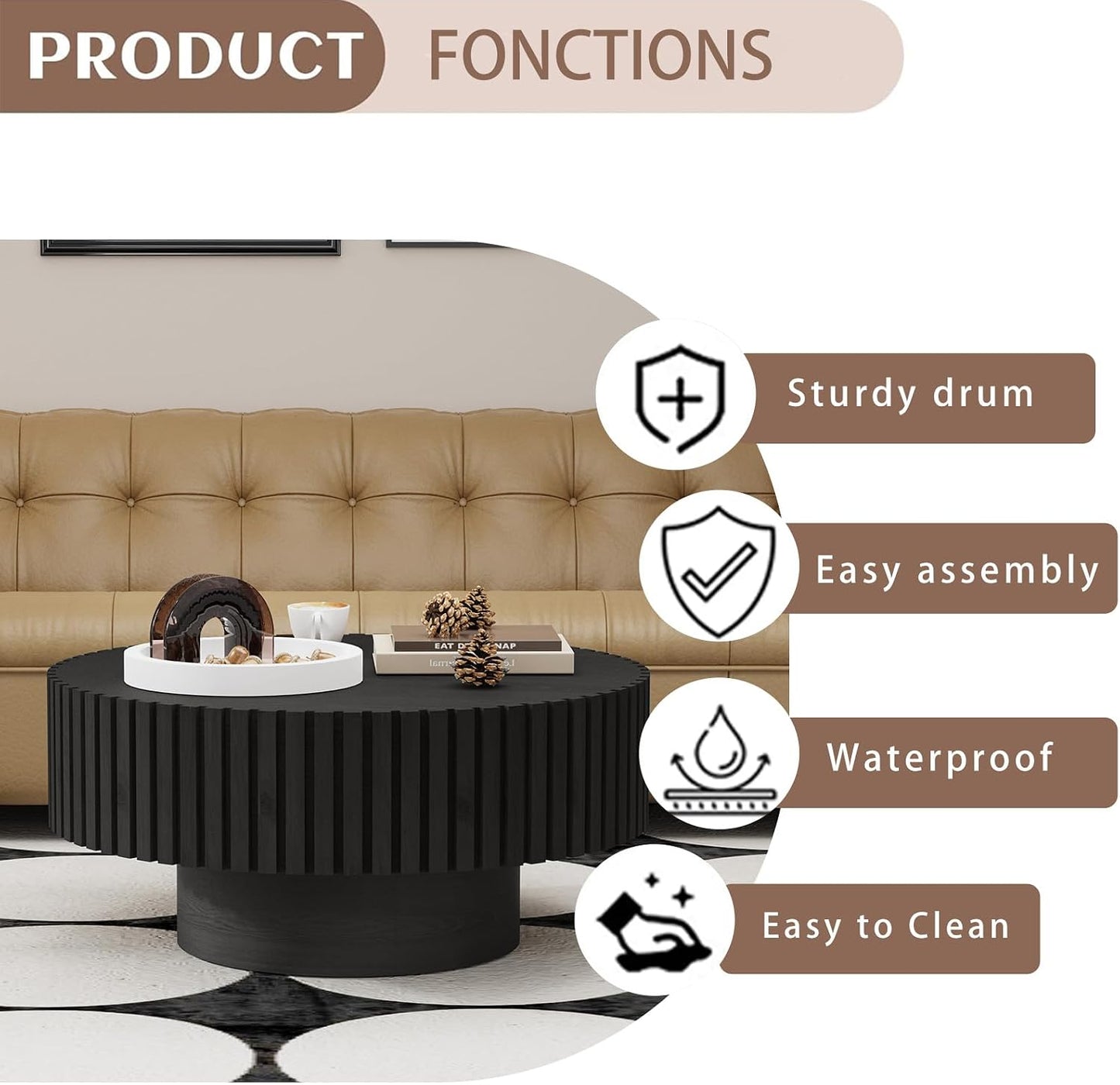 Modern Round Coffee Table for Living Room (Round Black) | Drum Round Fluted Coffee Table, Circular Pedestal Center Table, for Office Patio