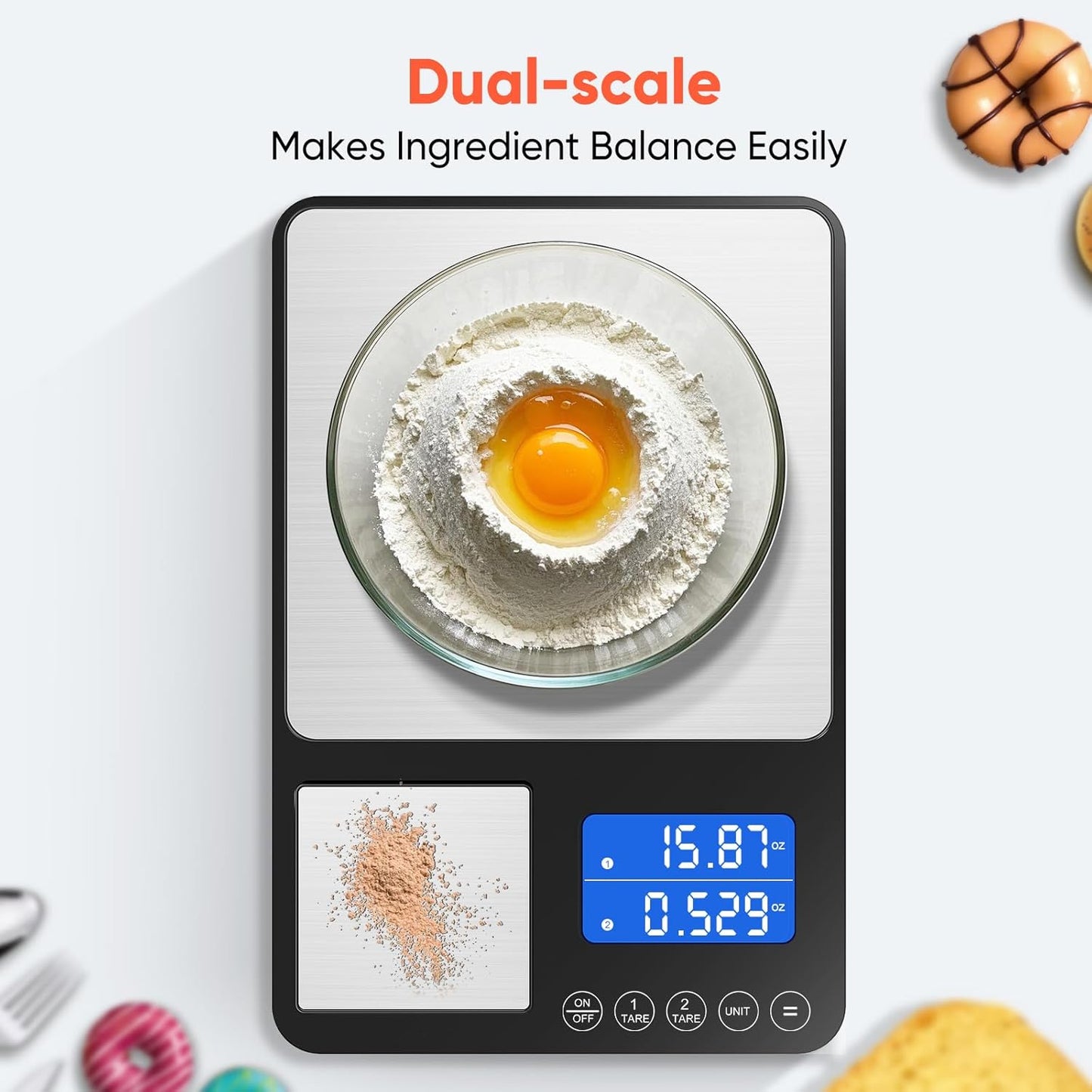 KUAIVO Dual Platform Digital Kitchen Scale, 33lb/15kg & 0.001oz/0.01g Precision, Two Scales in One, Coffee & Food Scale, Dual Display, Stainless Steel, Tare, g/oz/lb/ml