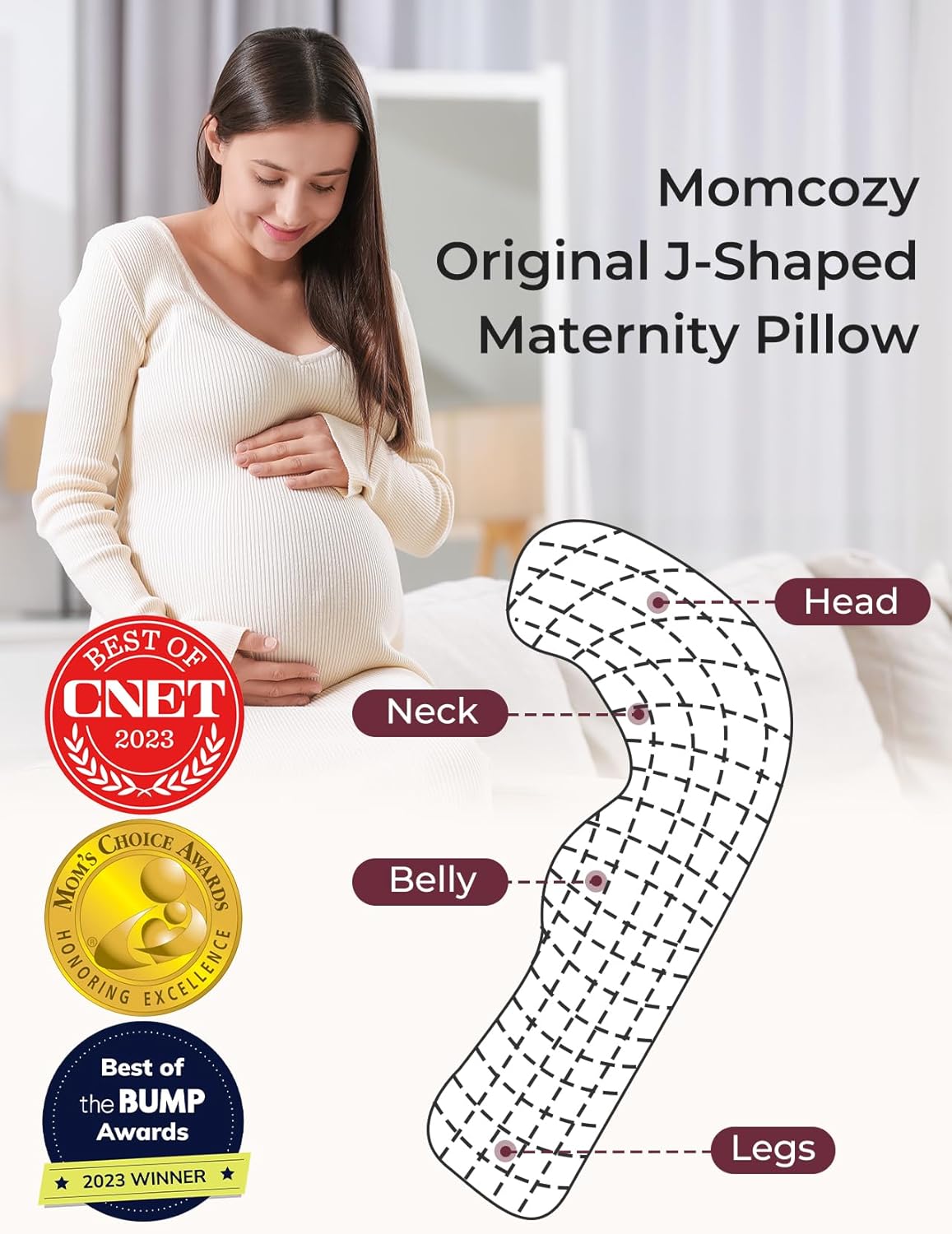 Momcozy J-Shaped Pregnancy Pillow for Sleeping with Cooling Cover, Side Sleeper Support for Belly, Hip & Leg, Deep Grey