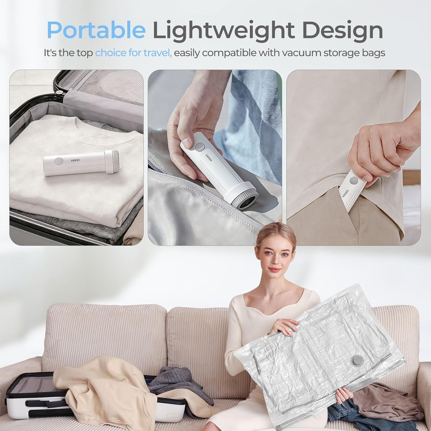 HOMOH Cordless Electric Vacuum Pump for Storage Bags, Portable Type-C Charging Travel Vacuum Bags with Pump for Clothing, Vacuum Storage Bags