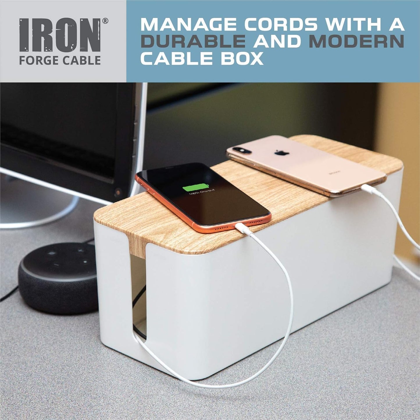 Iron Forge Cable Cable Management Box, 2 Pack - White with Wood Top | Cord Organizer & Cable Hider, For Wires, Power Strips & Surge Protectors, Includes Cable Sleeve, Hook & Loop Keepers