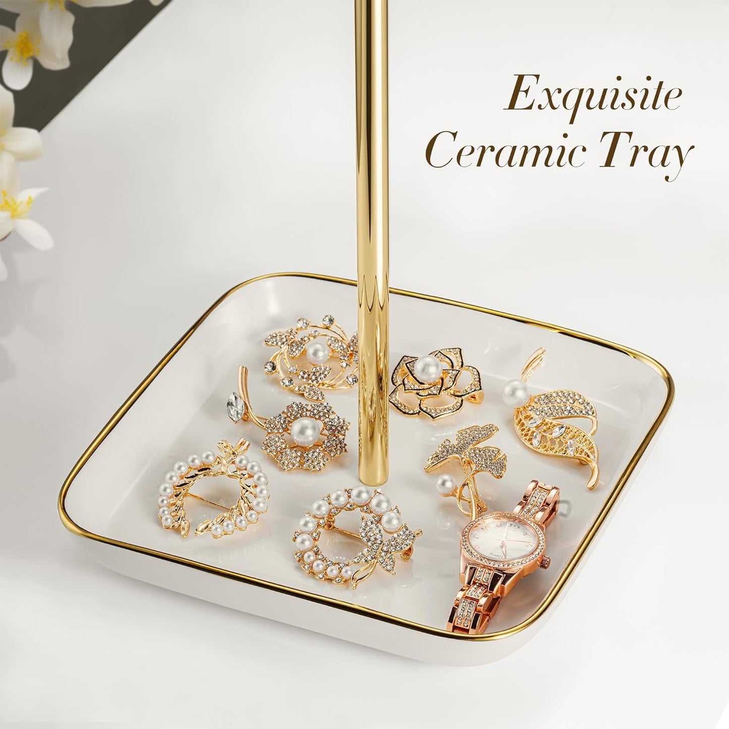Jewelry Holder Stand with Ceramic Base: 12" Tall Necklace Organizer Rack, Tree Design Display Storage for Necklaces, Bracelets, Rings, Earrings, Aesthetic Room Décor for Girls and Women, Gold