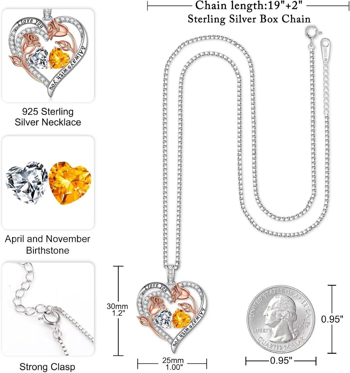 Iefil Birthstone Necklace for Women - Rose Heart Necklace