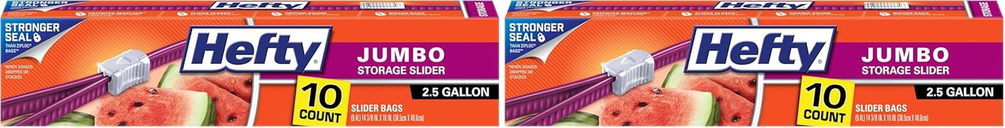 Hefty Slider Jumbo Storage Bags, 10 Count, 2.5 Gallon Extra Large Storage Bags for Bulk Leftovers, Travel Clothes, Shoes, Office Supplies, and More, Writable Label, Secure Zip and Click Closure