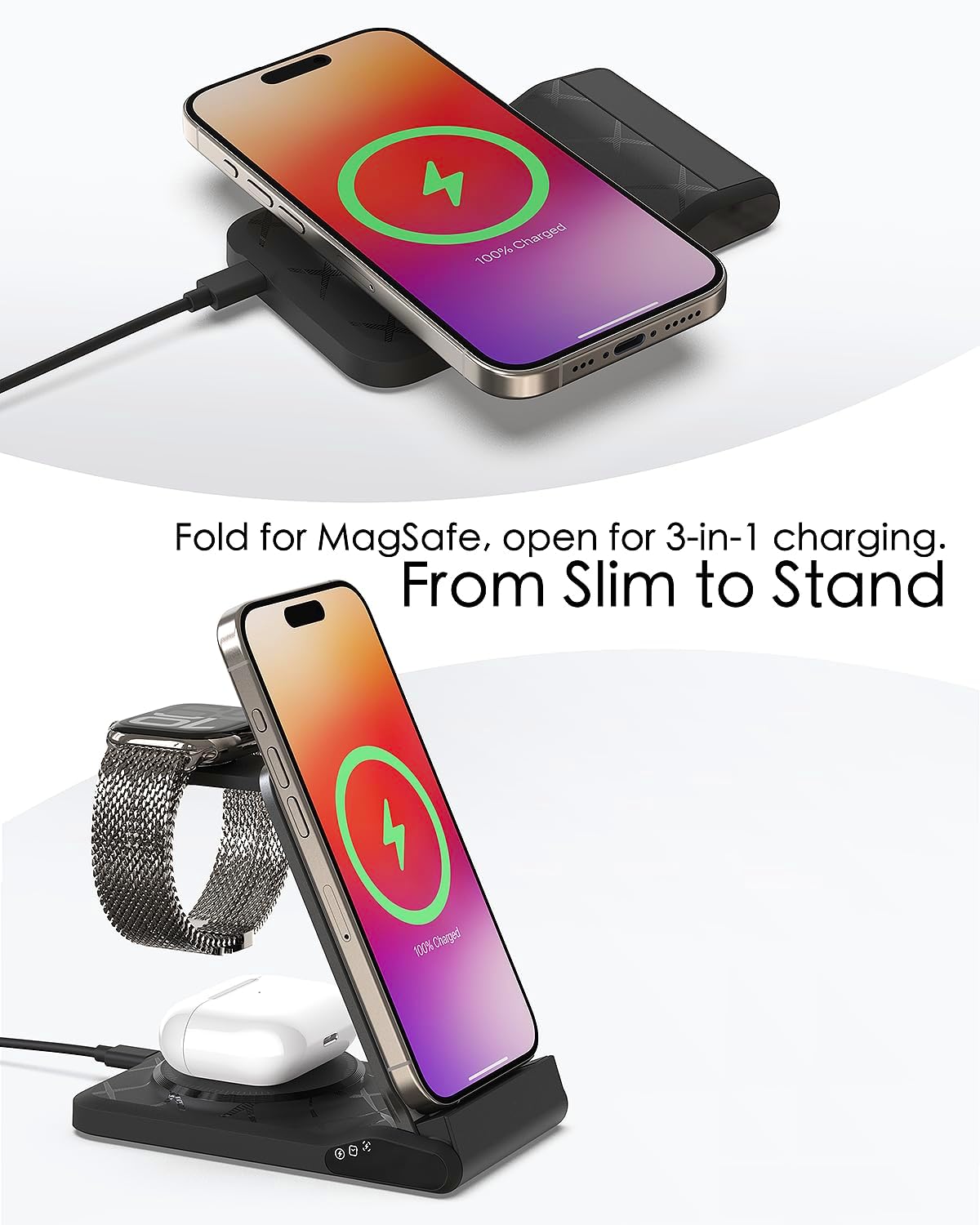 3 in 1 Charging Station for Multiple Devices,Travel Wireless Charging Station, Foldable Charger for iPhone 17 Air 16 15 14 13 12 Series,& Android Phone,& iWatch (USB-C Adapter Included)