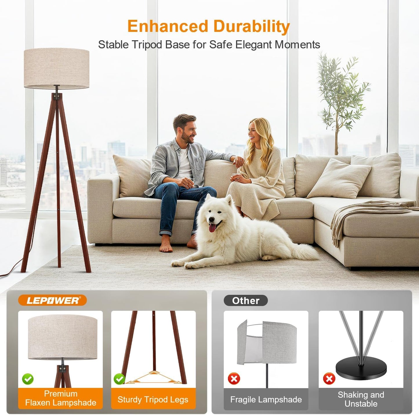 LEPOWER Wood Tripod Floor Lamp, Mid Century Standing Lamp, Modern Design Studying Light for Living Room, Bedroom, Study and Office, Flaxen Linen Shade with E26 Base Brown