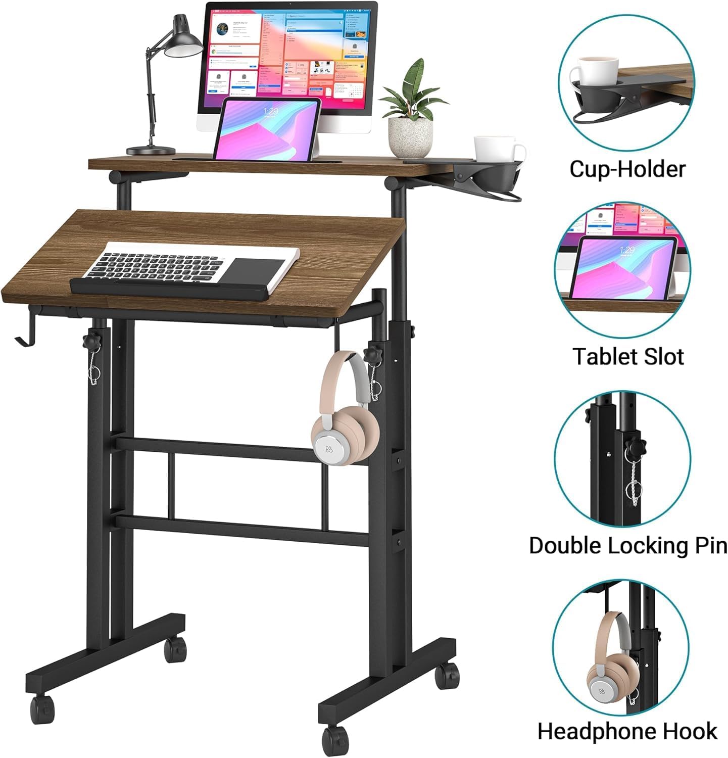 Klvied Stand Up Desk on Wheels, Portable Computer Desk for Home Office,Rolling Desk for Laptop with Removable Cup Holder, Adjustable Laptop Cart for Standing or Sitting,Raffia