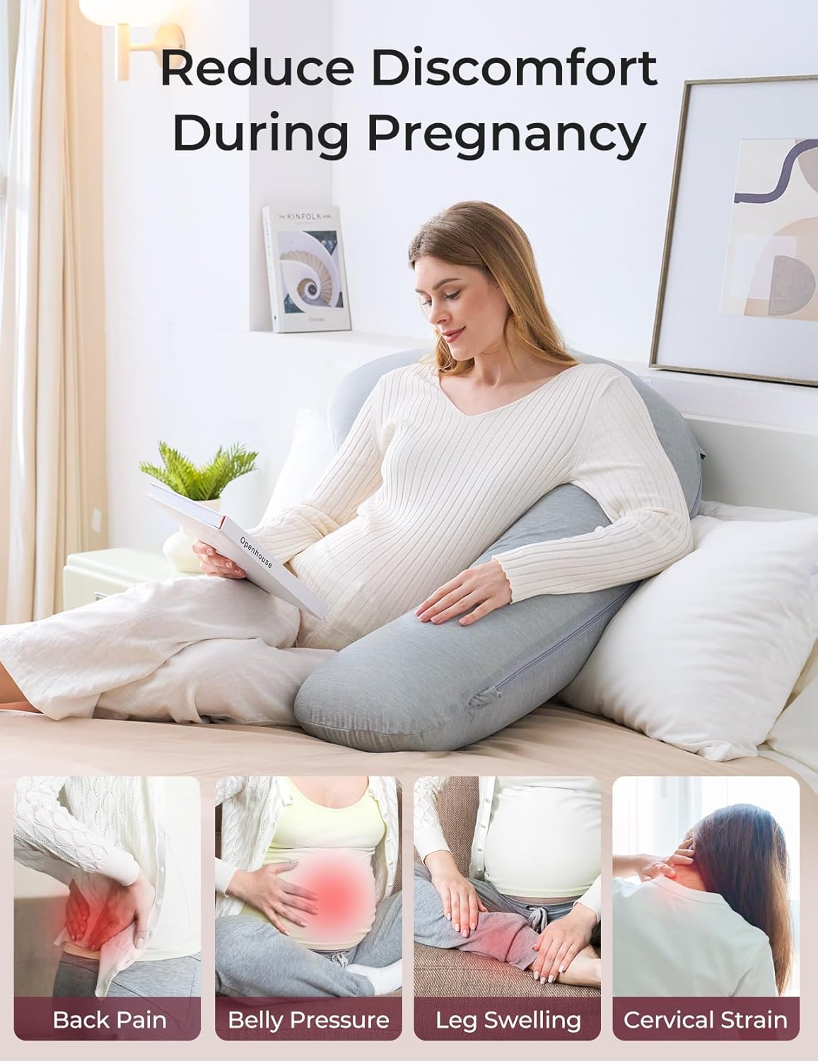 Momcozy J-Shaped Pregnancy Pillow for Sleeping with Cooling Cover, Side Sleeper Support for Belly, Hip & Leg, Deep Grey
