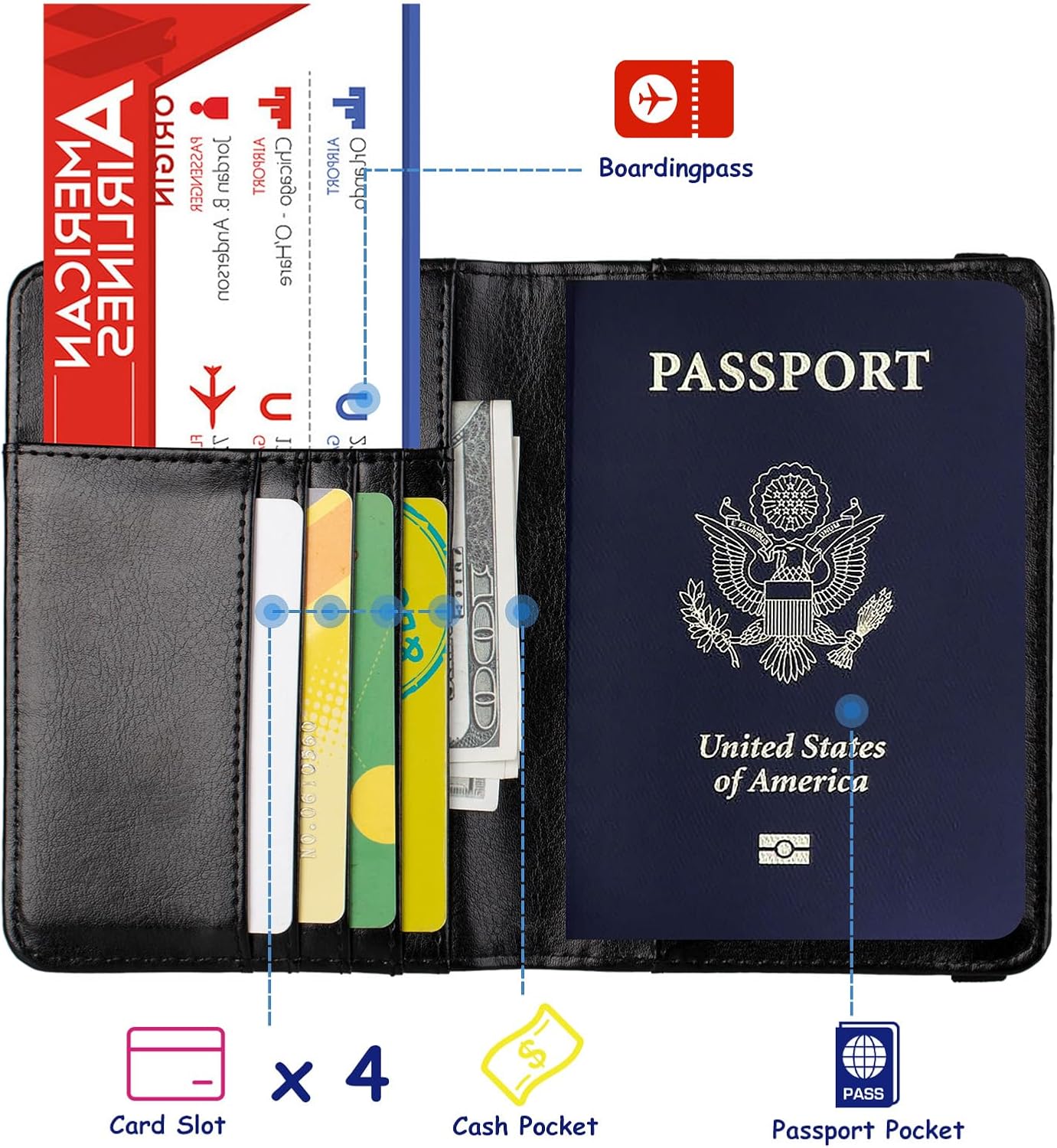 TOURSUIT RFID Blocking Passport Holder for Women Men, Leather Passport Travel Wallet with 3D Metal Badge, Travel Document Holder Cover Accessories (Black)