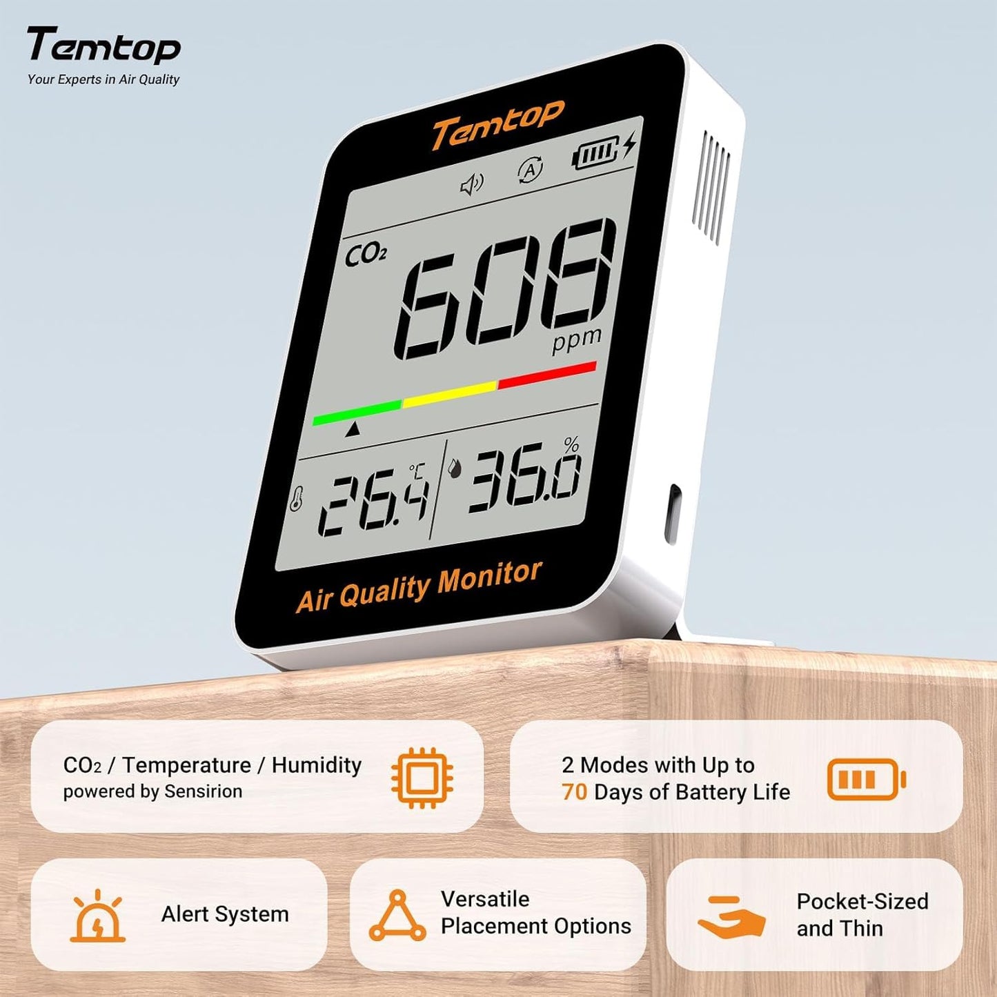 Temtop CO2 Monitor Indoor air Quality Monitor Portable CO2 Meter, CO2, Temperature, Humidity Home, Office or School