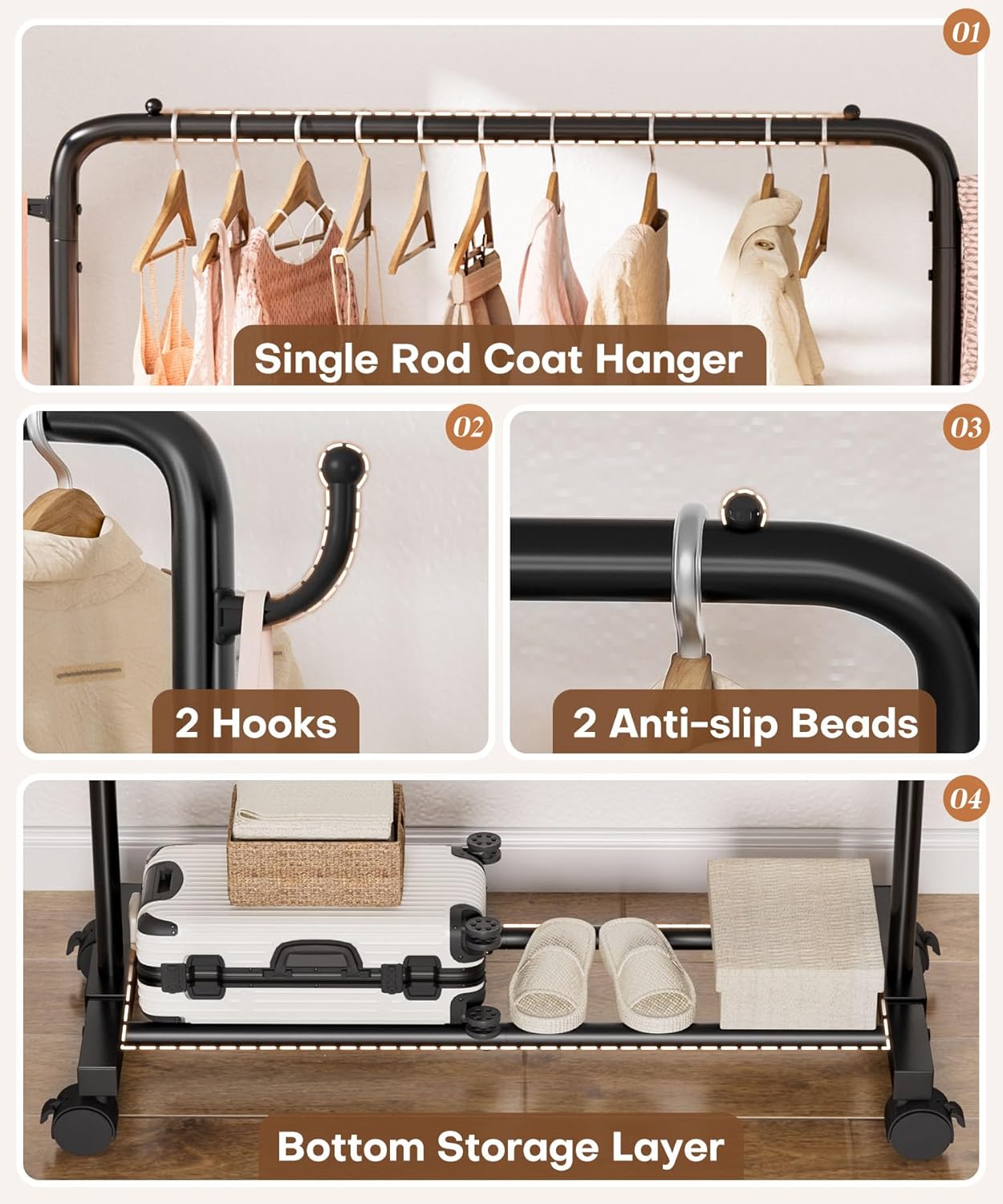 Homde Rolling Clothes Rack with Hooks: Standing Garment Storage for Indoor - Hanging Rod for Bedroom Laundry Room - Coat Dress Organizer on Wheels with luggage shelf (Black, 31.5")