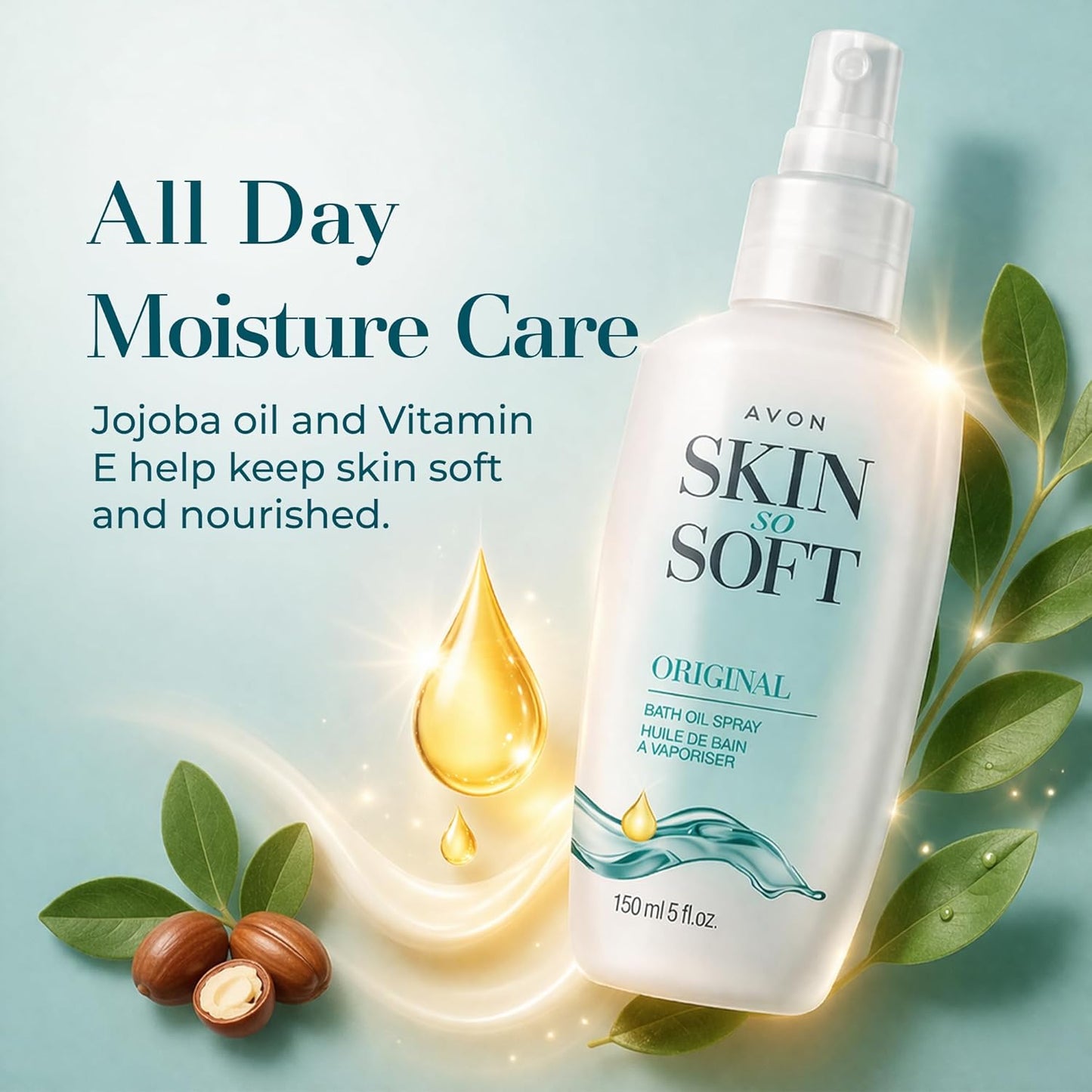 AVON Skin So Soft Original Bath Oil Spray - Moisturizing Shower Oil with Jojoba Oil & Vitamin E - Non-Greasy Formula for Dry Skin Care - After Shower Moisturizer for Women - Hydrating Spray, 5 fl oz