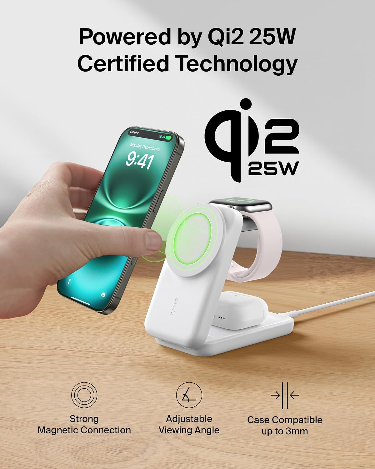 Belkin Qi2.2 25W Wireless 3 in 1 Foldable Fast Charging Station for iPhone | Fast Charigng, MagSafe Compatible, iPhone 17/16/15, Apple Watch, AirPods, Travel Charger, Magnetic