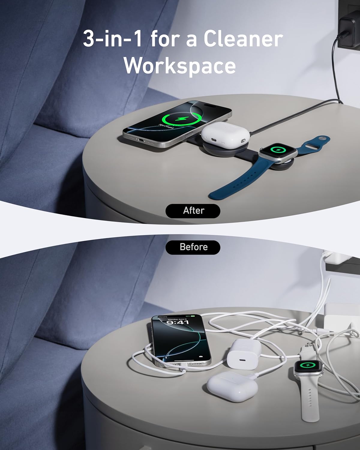 Anker MagSafe Compatible MagGo UFO 3-in-1 Charger, iPhone 17 Wireless Charging Station, 15W Qi2 Certified, Foldable Travel Charging Pad, for iPhone 17/16/15/14, AirPods, Apple Watch (Not a Power Bank)