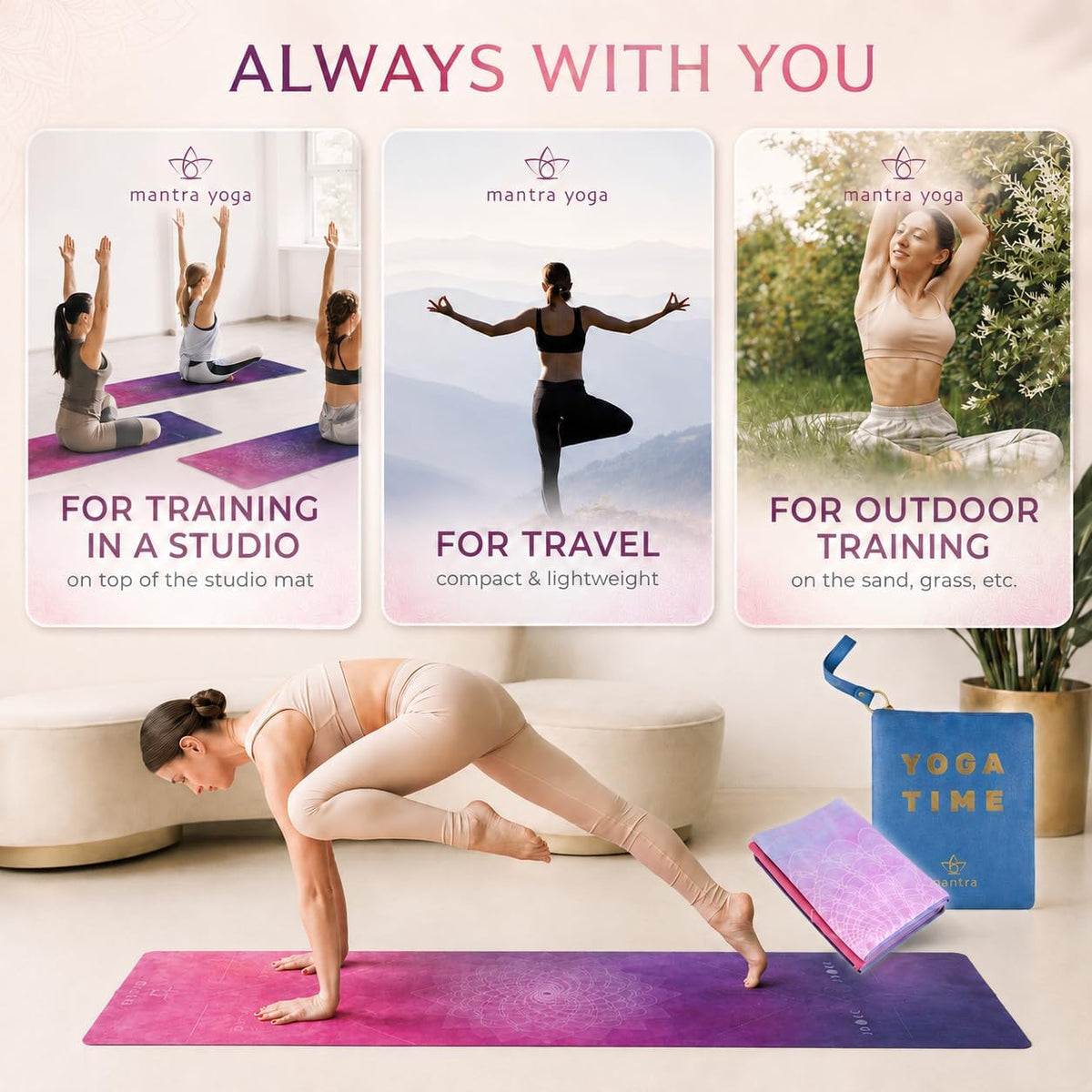 Mantra Yoga Travel PRO 1.5mm with Knee Pad - Foldable Fitness & Exercise Mat with Bag | Lightweight, Compact & Eco-Friendly | Non-Slip & Washable | For All Types of Yoga | 72" L x 24" W | 2.6 lbs