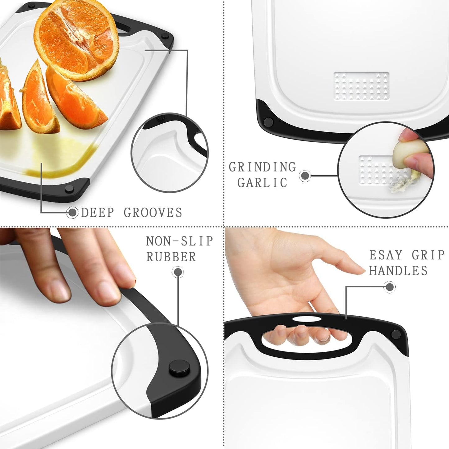 Plastic Cutting Board, 3 Pieces Dishwasher Safe Cutting Boards with Juice Grooves, Easy Grip Handle, Non-Slip, with Grinding Area for Grinding Garlic and Ginger（White）