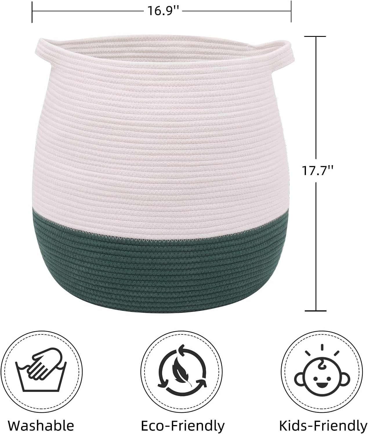 Large Cotton Rope Basket, Woven Storage Basket for Toy, Laundry and Blanket Organizer, Round Hamper Basket with Handles for Kid's Room 17.7"x16.9"