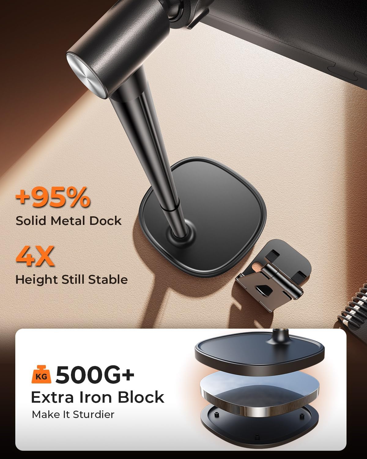 DIMONCOAT Height Adjustable Tablet Stand for Desk, Tablet Holder 360° Rotation: Desktop Tablet Accessories for 4.7-10" Like iPad Pro, Air Mini, Kindle, E-Reader, iPhone 17 Pro Max