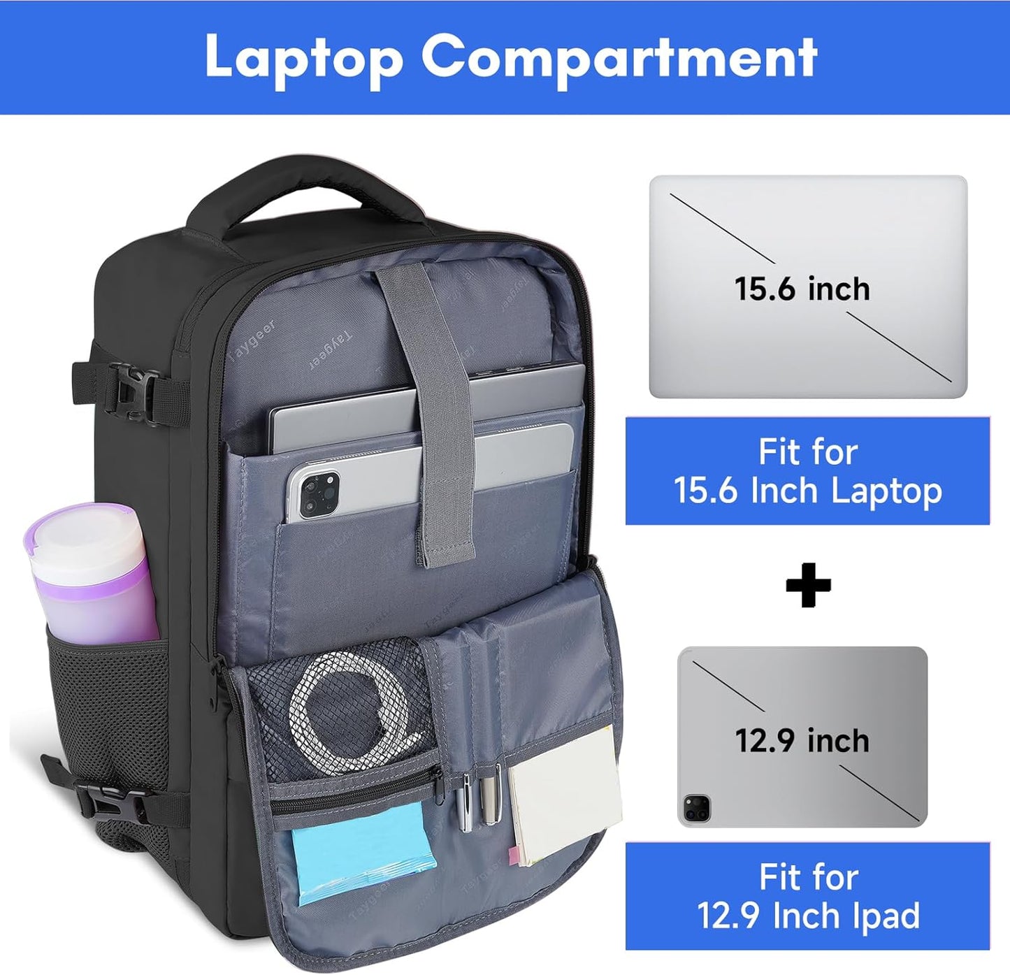 Taygeer Travel Laptop Backpack for Men Women, Airplane Approved Travel Backpack Suitcase with Water Bottle Pocket, Lightweight College 35l Luggage Bag 15.6inch Laptop Mochila Gifts for Business,Black