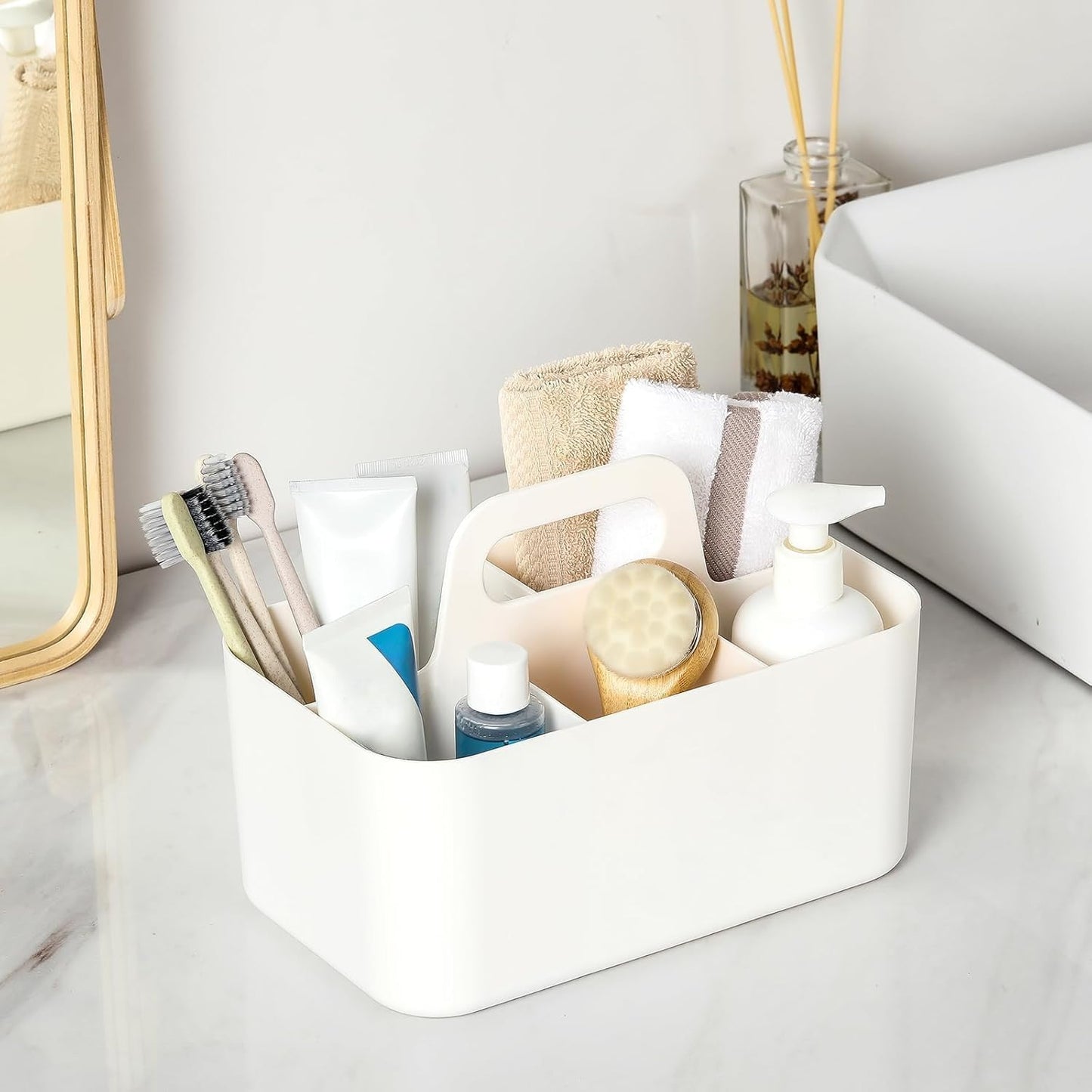 Multiuse Caddy Organizer with Handle, Portable Divided Plastic Tote Bin - Art Craft, Stationary Pen Marker Crayons, Makeup Hair Supplies Storage - Bathroom, Classroom, Dorm, Office, Desk Holder -White