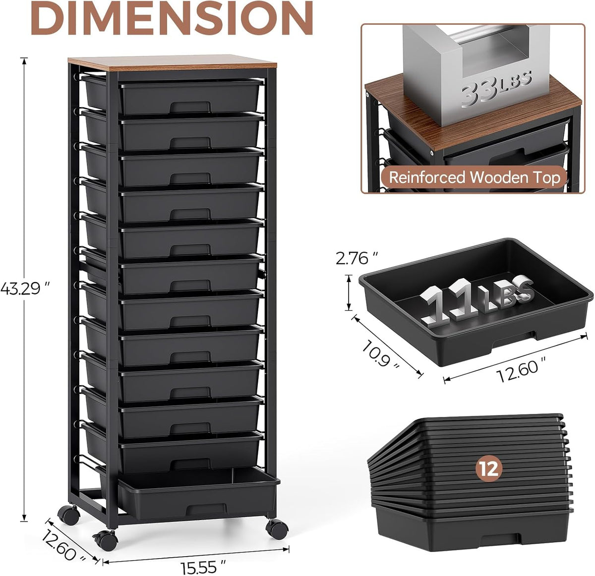 SYKIARIOL Rolling Cart with 12 Drawers,Black
