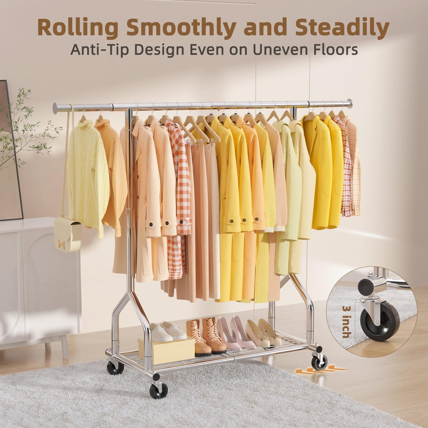 EAGMAK Heavy Duty Clothes Rack Load 424 LBS, Rolling Clothing Rack With Shelves, Adjustable Metal Clothes Hanger with Wheels, Portable Wardrobe Organizer Garment Rod for Hanging Clothes (Silver)