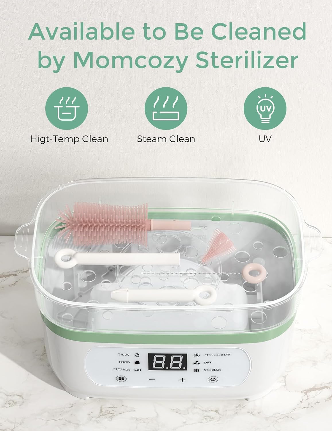 Momcozy 7-in-1 Baby Bottle Cleaner Kit with Silicone, Nipple & Straw Brushes, Soap Dispenser and Drying Rack - Portable Cleaning Tool for Home and Travel, Pink