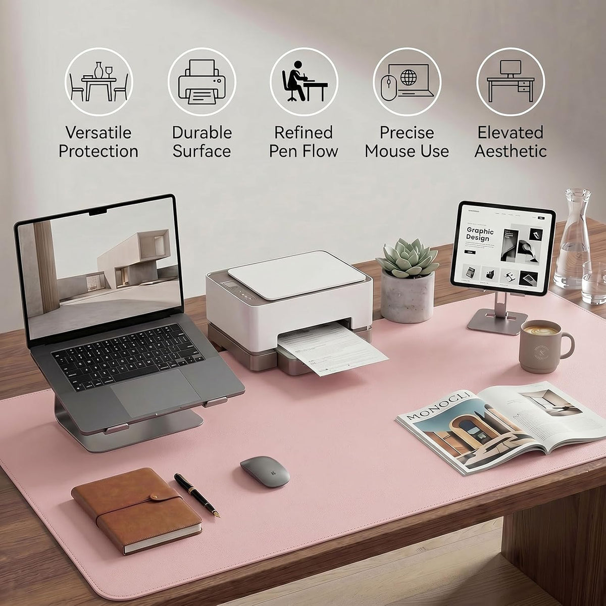 Large Desk Pad Non-Slip Desk Mat Protector for Keyboard Mouse Waterproof Vegan Leather Surface Faux Leather Laptop Mat Smooth Mouse Pad Premium Gift Tube Sakura Pink 47" x 17"