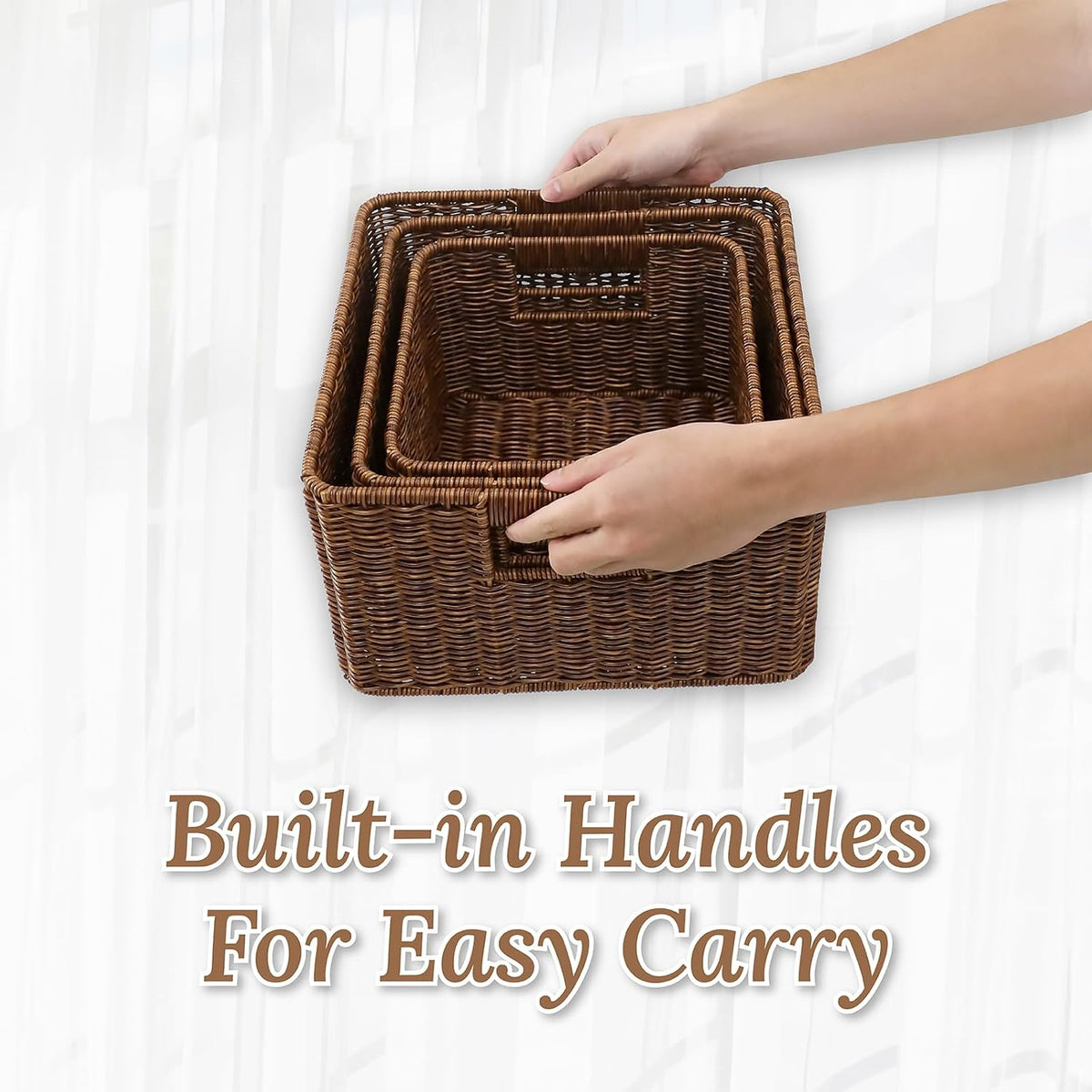 WeeNest Baskets with Handles, Wicker Storage, Shelf Boxes for Organizing, Decorative Resin, Set of 3, Toffee