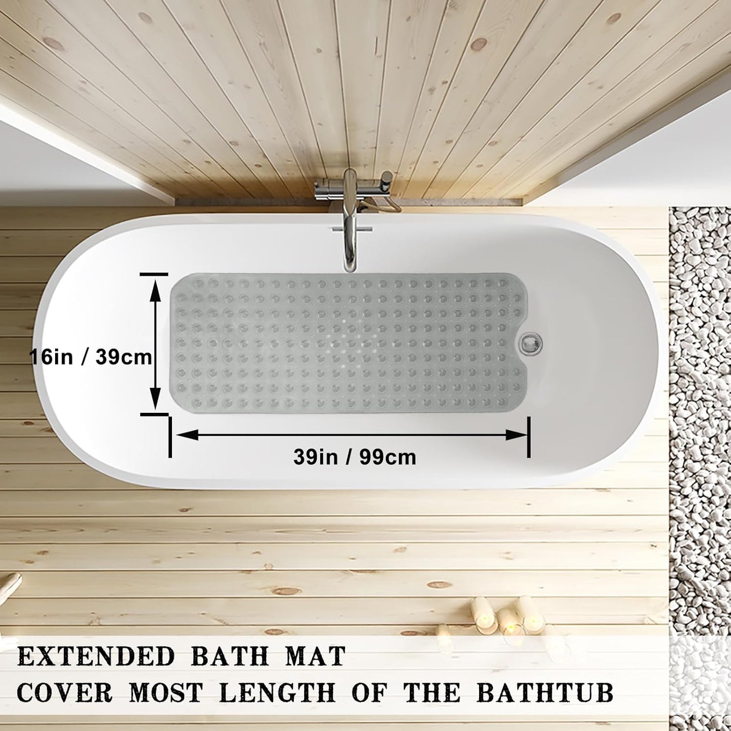 Bathtub and Shower Mats, Extra Long Non-Slip Bath Tub Mat 39 x 16 Inch, Machine Washable Bathmat with Suction Cups & Drain Holes for Bathroom Floor, Clear Grey