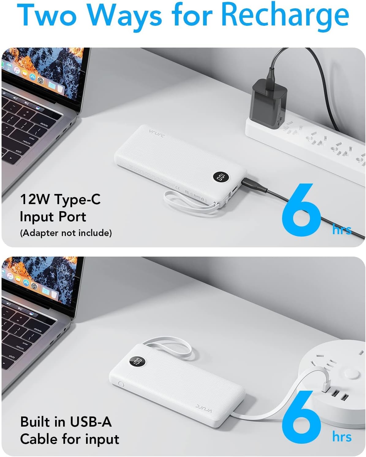 VRURC Portable Charger Built in Cables, Slim Power Bank 10000mAh, Multi Devices Charging Bank with Lanyard, USB C Battery Pack 5 Outputs for for All Cell Phones Devices, Samsung,Android-White(1 Pack)