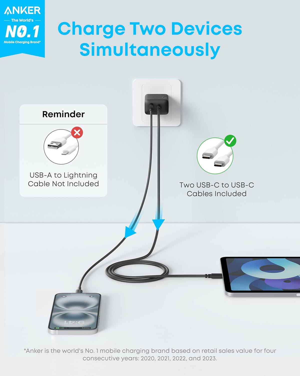 Anker iPhone Charger, 2-Pack 20W Fast USB C Charger Block, Type C Charger Fast Charging for iPhone 17/17 Pro Max/16 Series/iPad Pro and More (Black, 2 Pack & 2 Cable)