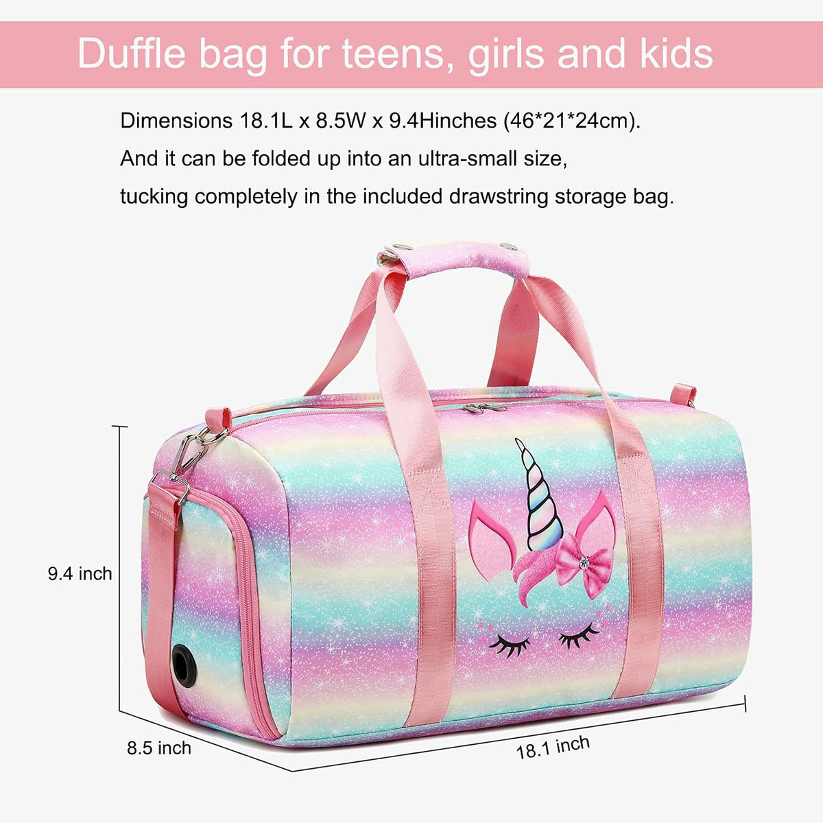 Dance Duffle Bag Girls Unicorn Kids Sports Gym Bag with Shoe Compartment & Wet Pocket Sleepover Overnight Weekender Travel Bag