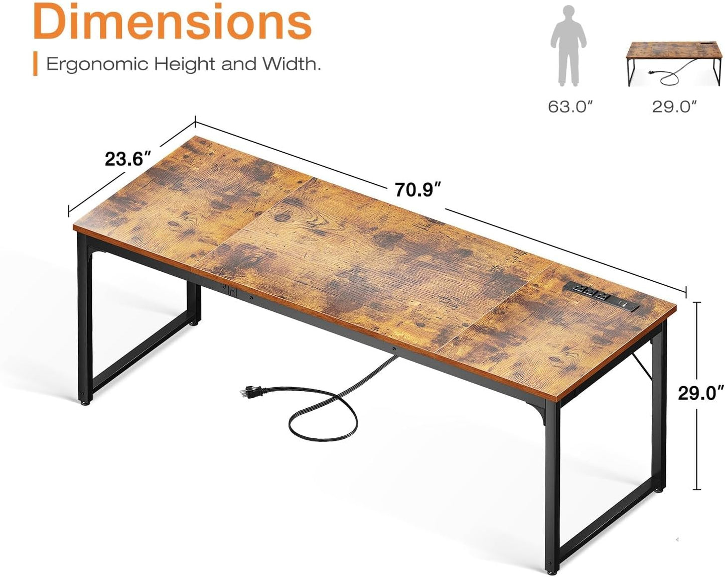 Coleshome 71 Inch Computer Desk with USB Ports, Large Office Desk, Long Study Student Writing Desk, Rustic Brown