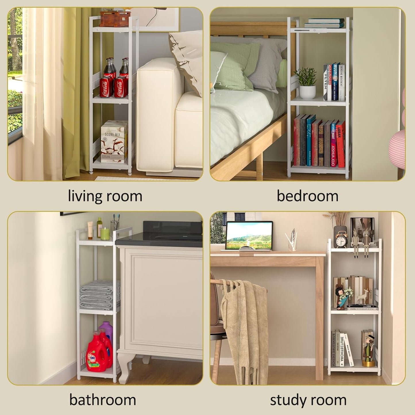 DAOUTIME Expandable Slim Storage Shelf, 3 Tier Metal Shelving Unit for Bathroom Storage Organizer, Free-Standing Narrow Shelf, Open Floor Shelves for Small Spaces,Laundry,Bathroom,Kitchen, White
