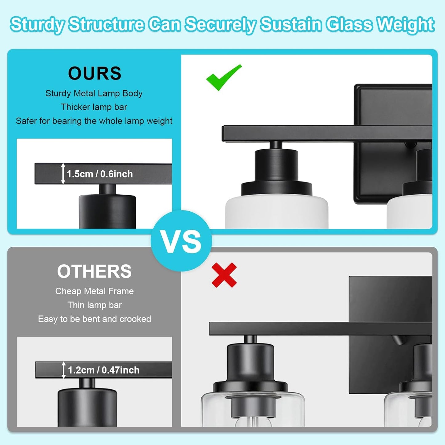 Ascher Bathroom Light Fixtures, 3-Light Vanity Light Over Mirror, Modern Matte Black Wall Sconces with Milky White Shades, Wall Lamp for Kitchen Hallway Cabinet Porch E26 Base