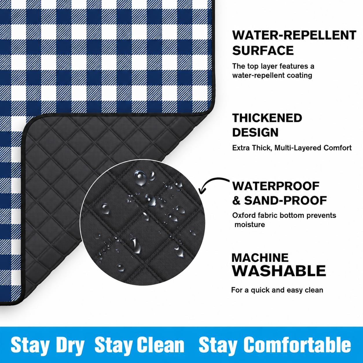 TigeJoy Extra Large Picnic Blanket Waterproof Foldable 80''x80'', Outdoor Picnic Mat Beach Blanket Sandproof for Park, Grass, Travel, Hiking, Camping Essentials, Gingham Picnic Blanket