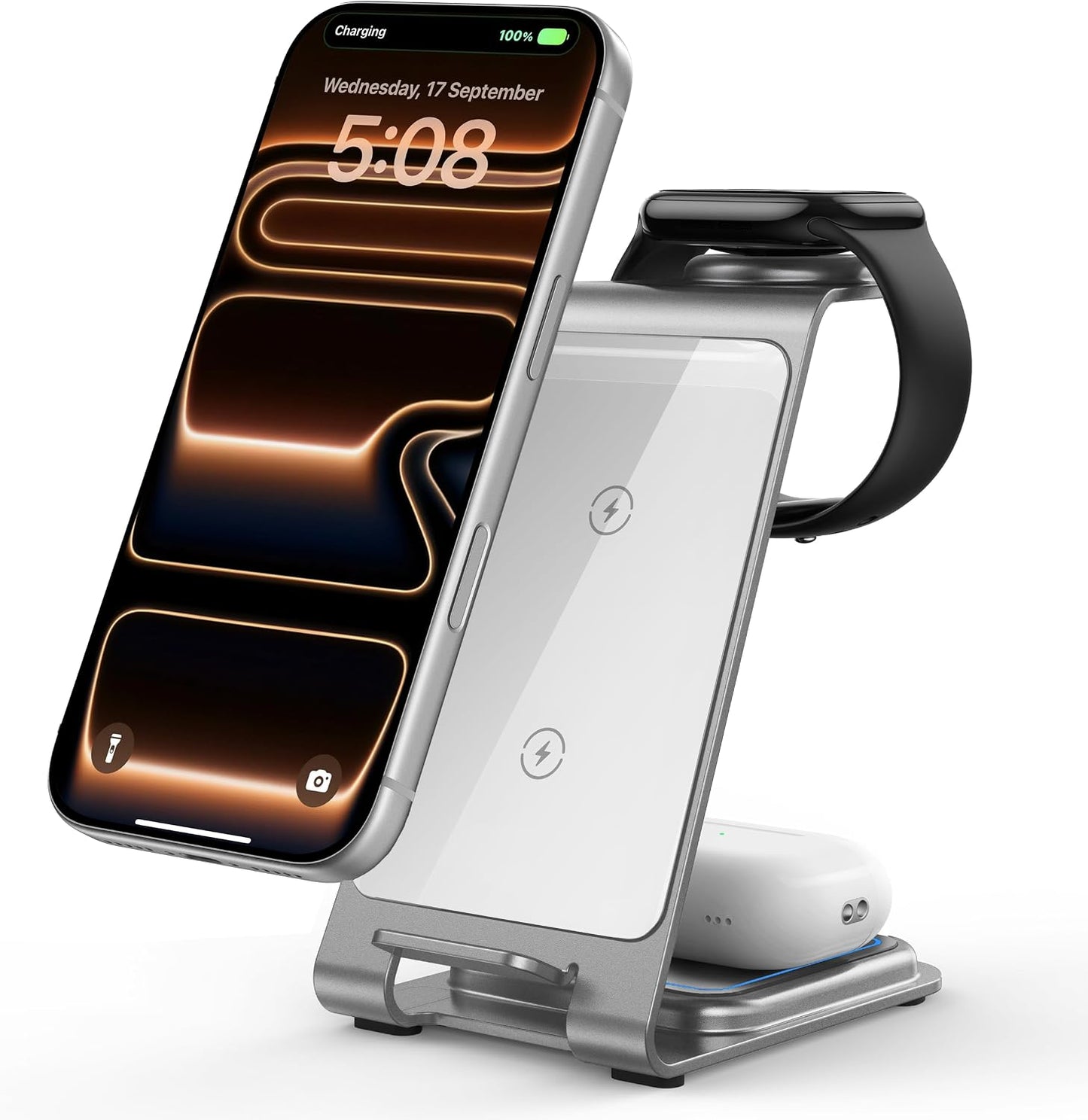 Intoval Aluminum 3 in 1 Wireless Charging Station for iPhone 17 16 15 14 13 12 11 Pro Max XR, Wireless Charger for Apple Watch 11 10 9 8 7 Ultra SE 3 2, Phone Charger for AirPods 4 Pro 2 3 (Desert)