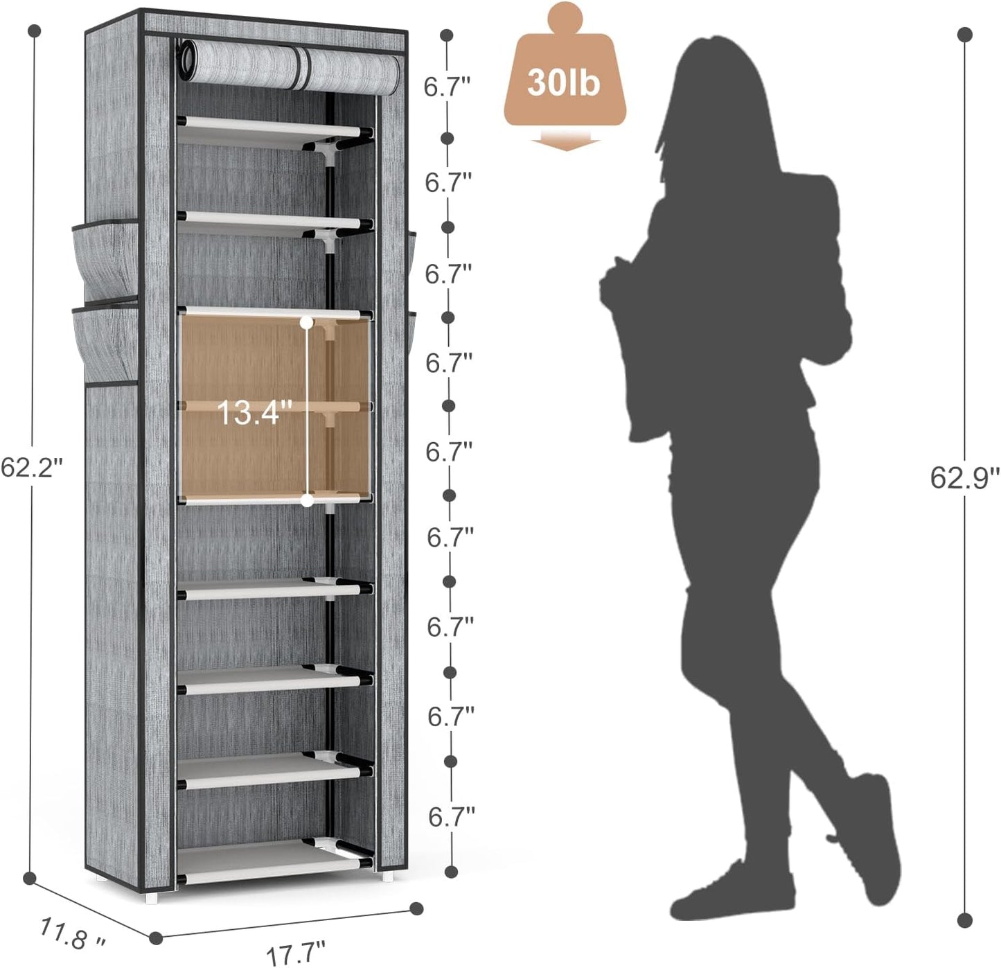 VILICK Shoe Rack with Cover Narrow Shoe Rack Organizer with 4 Side Pockets 10 Tier Tall Shoe Storage Shoe Shelf Holds 18-22 Pairs Shoes and Boots Shoe Rack for Closet, Printing