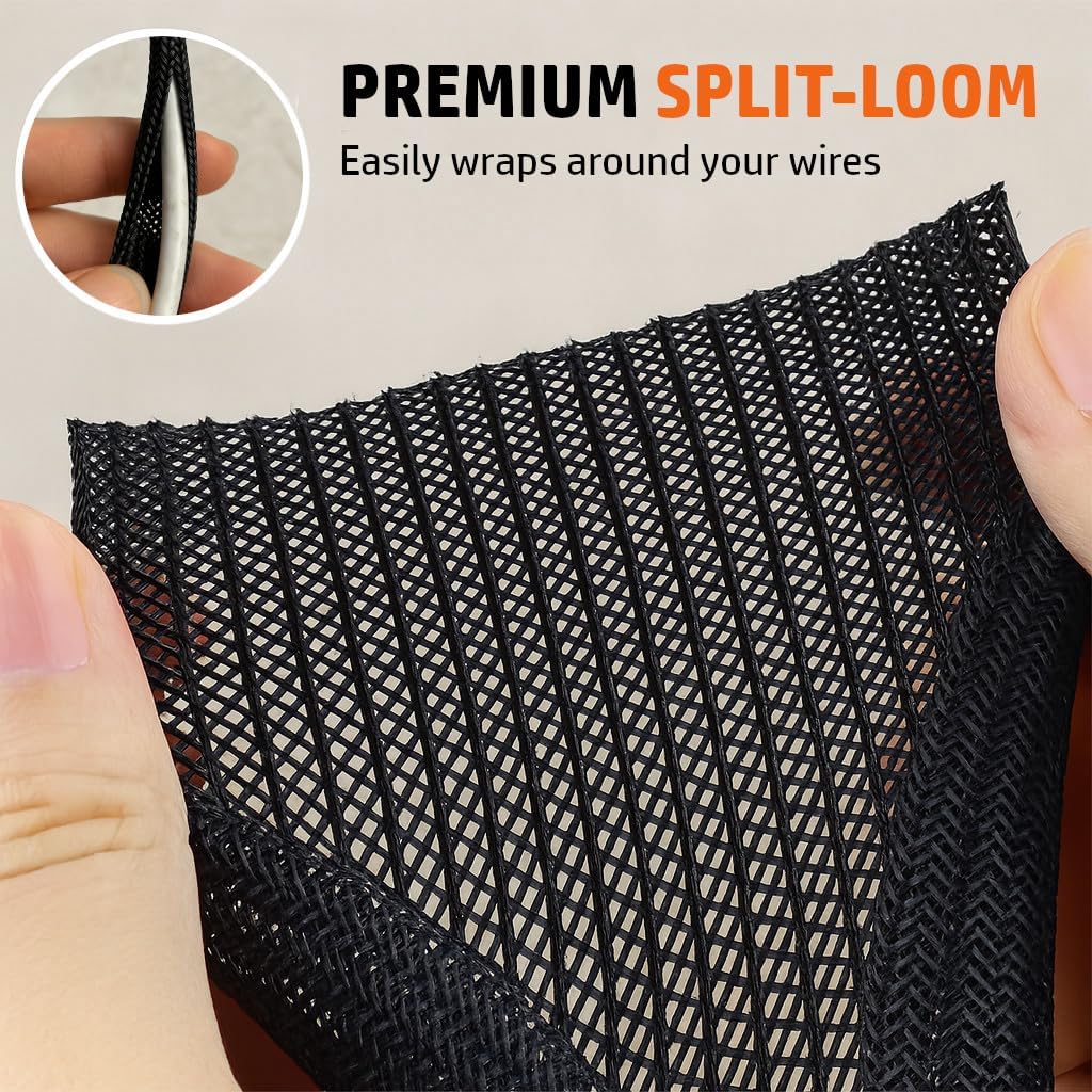 MGI SpeedWare Braided Split-Sleeve Wire Loom for High-Temperature Automotive Harness and Home Cable Management 25 feet (1/4")