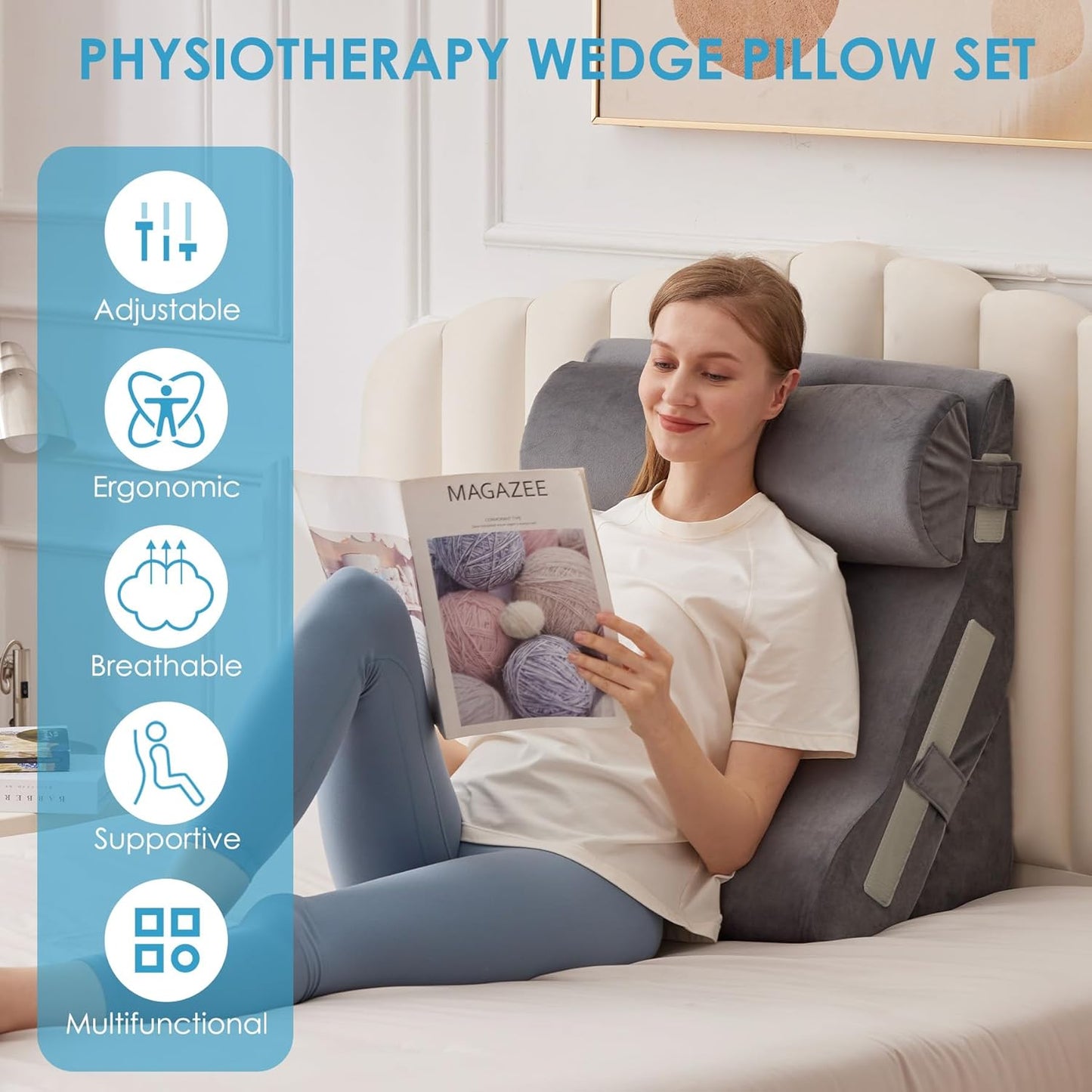 MEGCXIT 3PCS Bed Wedge Pillow for Headboard, Adjustable Wedge Pillow for Sleep Apnea, 23” Wide Triangle Pillow Wedge Set for After Surgery, Acid Reflux Relief, Snoring, Neck&Back Support, Grey