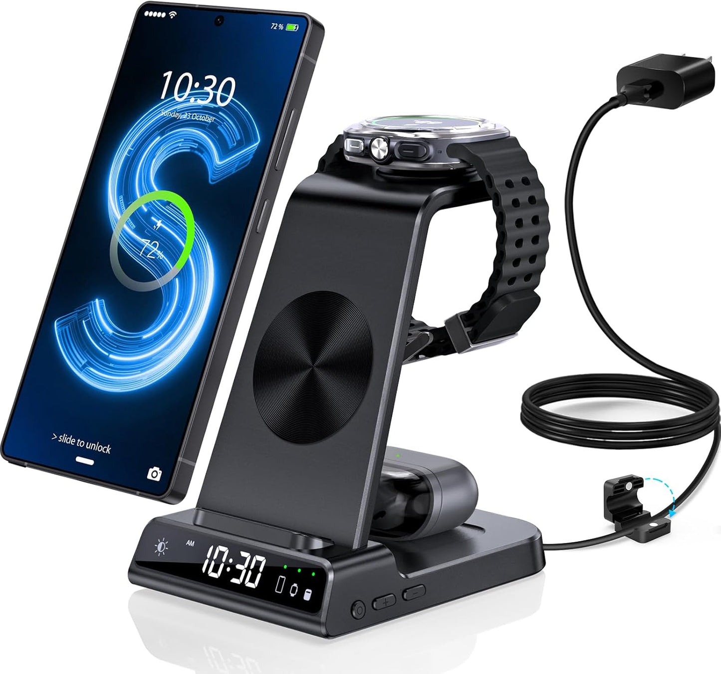 Wireless Charger for Samsung Charging Station with Clock for Samsung Galaxy S25 Ultra/S24 Ultra/Z Flip 7/Fold 6/Bud, 3 in 1 Android Charging Station, Watch Charger for Samsung Galaxy Watch 8/7/6/5Pro