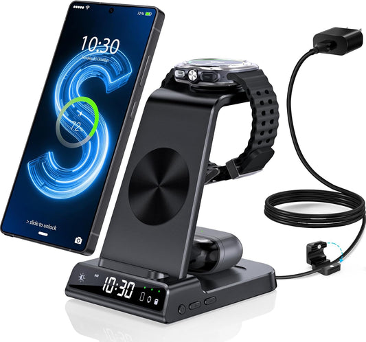 Wireless Charger for Samsung Charging Station with Clock for Samsung Galaxy S25 Ultra/S24 Ultra/Z Flip 7/Fold 6/Bud, 3 in 1 Android Charging Station, Watch Charger for Samsung Galaxy Watch 8/7/6/5Pro